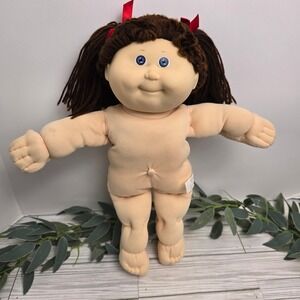 Vintage Cabbage Patch Kids Doll Brown Yarn Hair Blue Eyes Red Bows Poseable